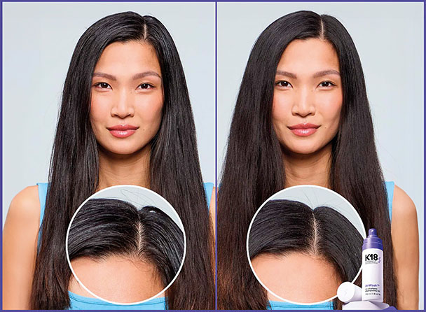 K18 modelka před a po použití suchého šamponu